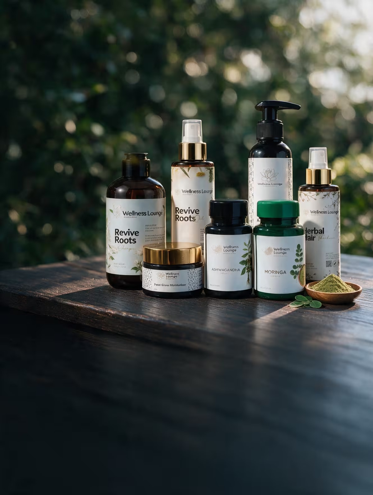 The Wellness Lounge range of hair care, skin care, and supplement bottles against a deep green backdrop